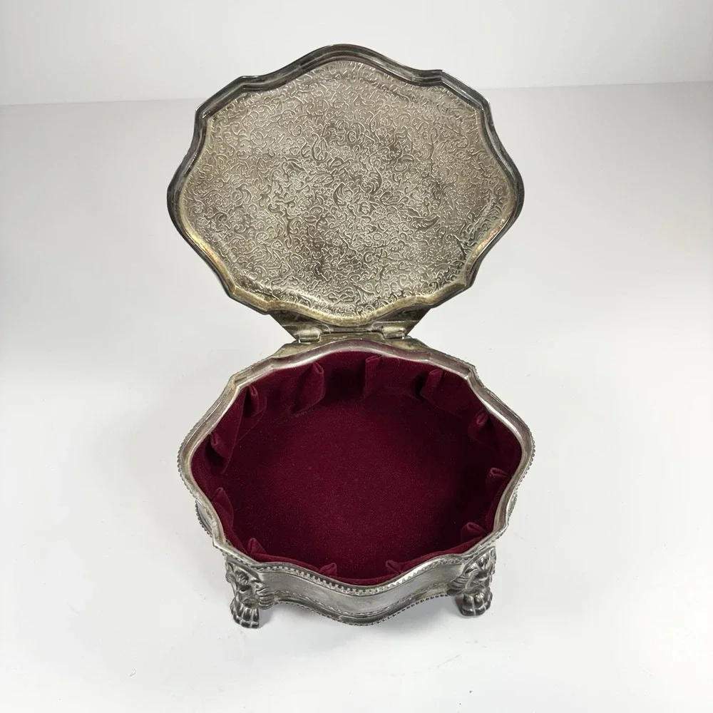 Vintage Lion's Creat Hinged Lid Red Velvet Lined Trinket Box